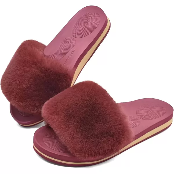 imageCOFACE Womens Sliders Plush House Slippers Flat Sandals For Women Memory Foam Fuzzy Open Toe Slippers With Arch Support Anti Skid Ladies Slip On Fur Slide Slippers House Shoes Mules Indoor OutdoorWinered