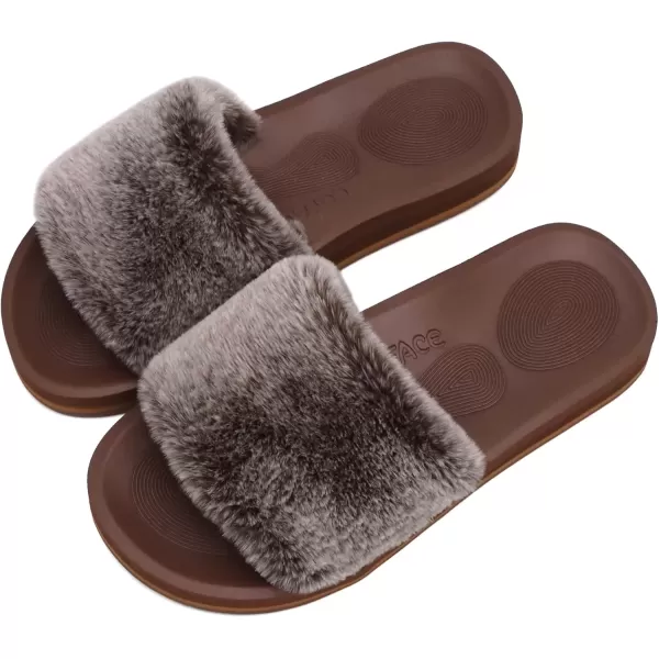 imageCOFACE Womens Sliders Plush House Slippers Flat Sandals For Women Memory Foam Fuzzy Open Toe Slippers With Arch Support Anti Skid Ladies Slip On Fur Slide Slippers House Shoes Mules Indoor OutdoorTiramisu