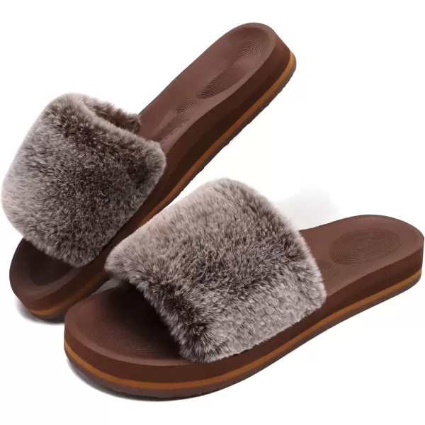 imageCOFACE Womens Sliders Plush House Slippers Flat Sandals For Women Memory Foam Fuzzy Open Toe Slippers With Arch Support Anti Skid Ladies Slip On Fur Slide Slippers House Shoes Mules Indoor OutdoorTiramisu