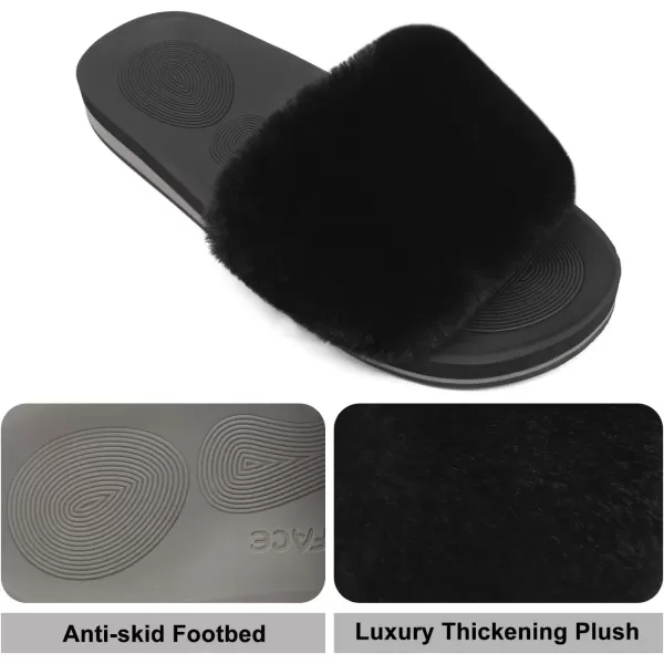 imageCOFACE Womens Sliders Plush House Slippers Flat Sandals For Women Memory Foam Fuzzy Open Toe Slippers With Arch Support Anti Skid Ladies Slip On Fur Slide Slippers House Shoes Mules Indoor OutdoorBlack