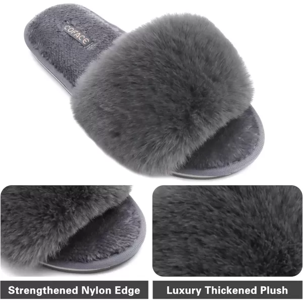 imageCOFACE Womens Sliders Plush House Slippers Flat Sandals For Women Memory Foam Fuzzy Open Toe Slippers With Arch Support Anti Skid Ladies Slip On Fur Slide Slippers House Shoes Mules Indoor OutdoorGrey With Fur