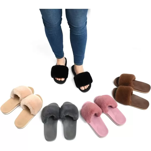 imageCOFACE Womens Sliders Plush House Slippers Flat Sandals For Women Memory Foam Fuzzy Open Toe Slippers With Arch Support Anti Skid Ladies Slip On Fur Slide Slippers House Shoes Mules Indoor OutdoorBlack