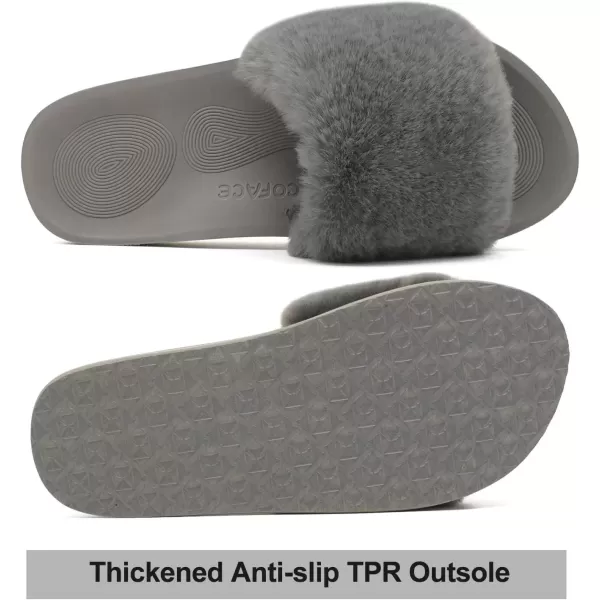 imageCOFACE Womens Sliders Plush House Slippers Flat Sandals For Women Memory Foam Fuzzy Open Toe Slippers With Arch Support Anti Skid Ladies Slip On Fur Slide Slippers House Shoes Mules Indoor OutdoorGrey