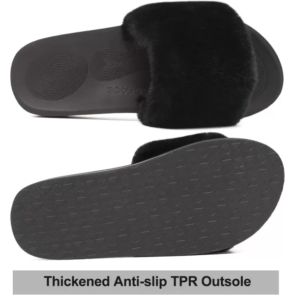 imageCOFACE Womens Sliders Plush House Slippers Flat Sandals For Women Memory Foam Fuzzy Open Toe Slippers With Arch Support Anti Skid Ladies Slip On Fur Slide Slippers House Shoes Mules Indoor OutdoorBlack
