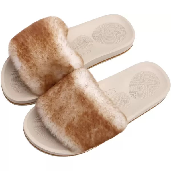 imageCOFACE Womens Sliders Plush House Slippers Flat Sandals For Women Memory Foam Fuzzy Open Toe Slippers With Arch Support Anti Skid Ladies Slip On Fur Slide Slippers House Shoes Mules Indoor OutdoorWhitekhaki