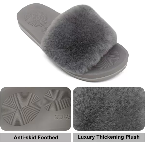 imageCOFACE Womens Sliders Plush House Slippers Flat Sandals For Women Memory Foam Fuzzy Open Toe Slippers With Arch Support Anti Skid Ladies Slip On Fur Slide Slippers House Shoes Mules Indoor OutdoorGrey