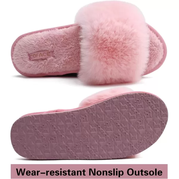 imageCOFACE Womens Sliders Plush House Slippers Flat Sandals For Women Memory Foam Fuzzy Open Toe Slippers With Arch Support Anti Skid Ladies Slip On Fur Slide Slippers House Shoes Mules Indoor OutdoorDarkpink With Fur