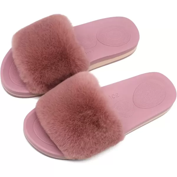 imageCOFACE Womens Sliders Plush House Slippers Flat Sandals For Women Memory Foam Fuzzy Open Toe Slippers With Arch Support Anti Skid Ladies Slip On Fur Slide Slippers House Shoes Mules Indoor OutdoorDarkpink