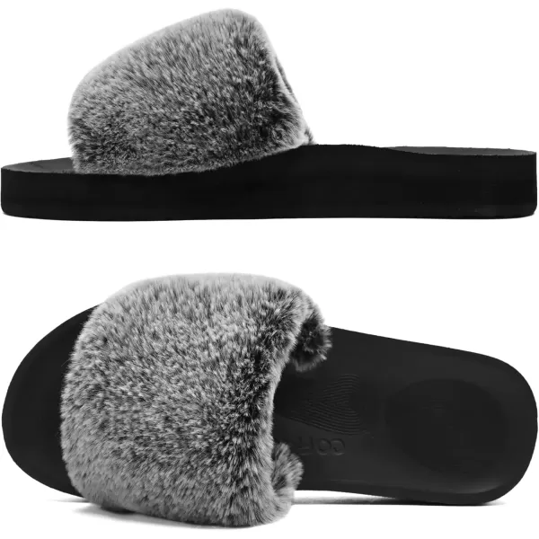 imageCOFACE Womens Sliders Plush House Slippers Flat Sandals For Women Memory Foam Fuzzy Open Toe Slippers With Arch Support Anti Skid Ladies Slip On Fur Slide Slippers House Shoes Mules Indoor OutdoorGreyblack