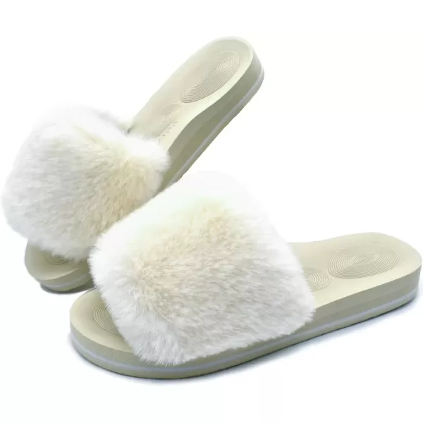 imageCOFACE Womens Sliders Plush House Slippers Flat Sandals For Women Memory Foam Fuzzy Open Toe Slippers With Arch Support Anti Skid Ladies Slip On Fur Slide Slippers House Shoes Mules Indoor OutdoorWhite