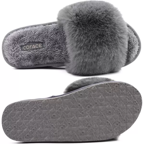 imageCOFACE Womens Sliders Plush House Slippers Flat Sandals For Women Memory Foam Fuzzy Open Toe Slippers With Arch Support Anti Skid Ladies Slip On Fur Slide Slippers House Shoes Mules Indoor OutdoorGrey With Fur