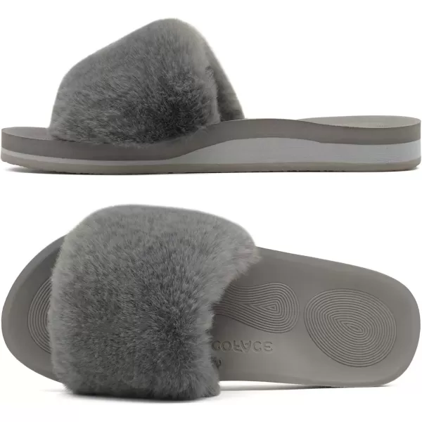 imageCOFACE Womens Sliders Plush House Slippers Flat Sandals For Women Memory Foam Fuzzy Open Toe Slippers With Arch Support Anti Skid Ladies Slip On Fur Slide Slippers House Shoes Mules Indoor OutdoorGrey