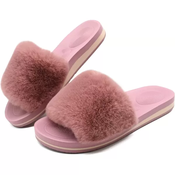 imageCOFACE Womens Sliders Plush House Slippers Flat Sandals For Women Memory Foam Fuzzy Open Toe Slippers With Arch Support Anti Skid Ladies Slip On Fur Slide Slippers House Shoes Mules Indoor OutdoorDarkpink