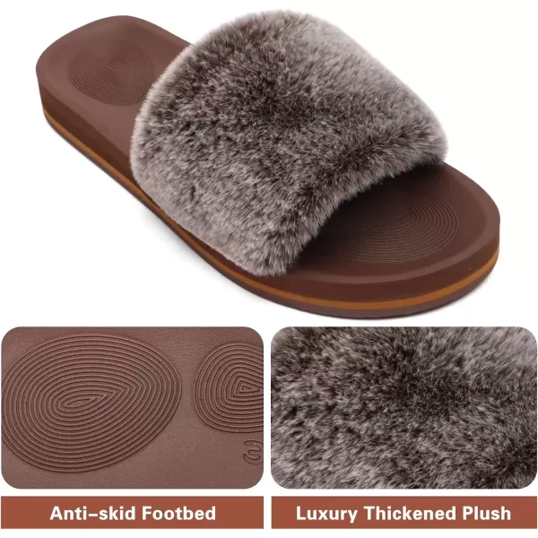 imageCOFACE Womens Sliders Plush House Slippers Flat Sandals For Women Memory Foam Fuzzy Open Toe Slippers With Arch Support Anti Skid Ladies Slip On Fur Slide Slippers House Shoes Mules Indoor OutdoorTiramisu