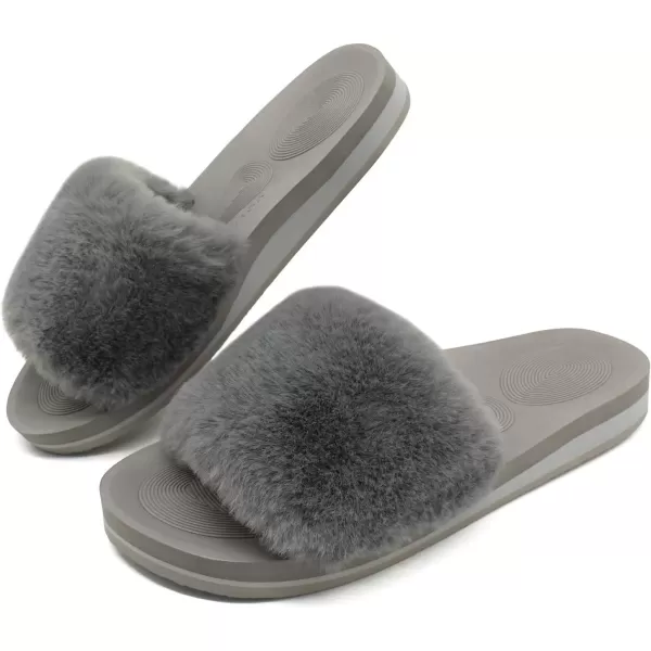imageCOFACE Womens Sliders Plush House Slippers Flat Sandals For Women Memory Foam Fuzzy Open Toe Slippers With Arch Support Anti Skid Ladies Slip On Fur Slide Slippers House Shoes Mules Indoor OutdoorGrey