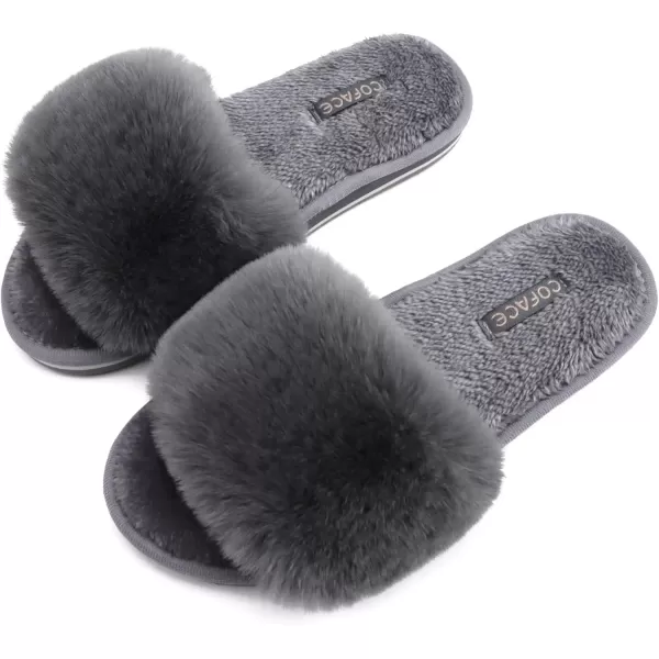 imageCOFACE Womens Sliders Plush House Slippers Flat Sandals For Women Memory Foam Fuzzy Open Toe Slippers With Arch Support Anti Skid Ladies Slip On Fur Slide Slippers House Shoes Mules Indoor OutdoorGrey With Fur