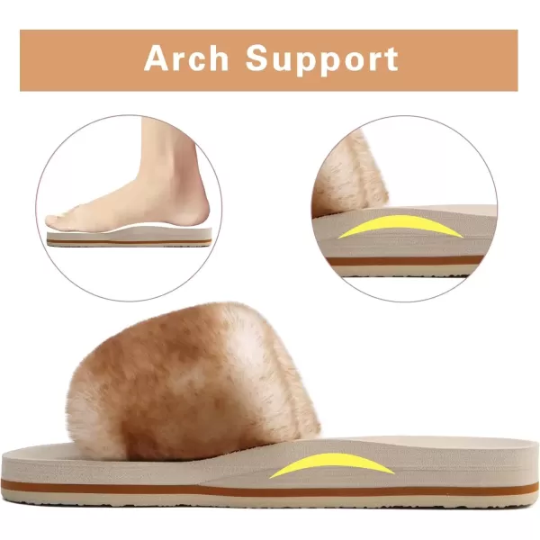 imageCOFACE Womens Sliders Plush House Slippers Flat Sandals For Women Memory Foam Fuzzy Open Toe Slippers With Arch Support Anti Skid Ladies Slip On Fur Slide Slippers House Shoes Mules Indoor OutdoorWhitekhaki