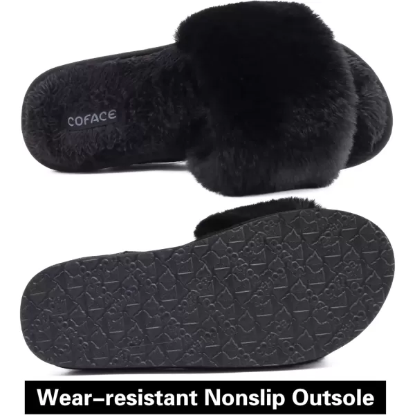 imageCOFACE Womens Sliders Plush House Slippers Flat Sandals For Women Memory Foam Fuzzy Open Toe Slippers With Arch Support Anti Skid Ladies Slip On Fur Slide Slippers House Shoes Mules Indoor OutdoorBlack With Fur