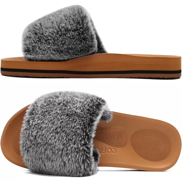 imageCOFACE Womens Sliders Plush House Slippers Flat Sandals For Women Memory Foam Fuzzy Open Toe Slippers With Arch Support Anti Skid Ladies Slip On Fur Slide Slippers House Shoes Mules Indoor OutdoorGreykhaki