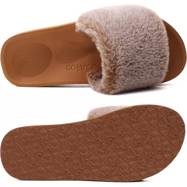 imageCOFACE Womens Sliders Plush House Slippers Flat Sandals For Women Memory Foam Fuzzy Open Toe Slippers With Arch Support Anti Skid Ladies Slip On Fur Slide Slippers House Shoes Mules Indoor OutdoorKhaki