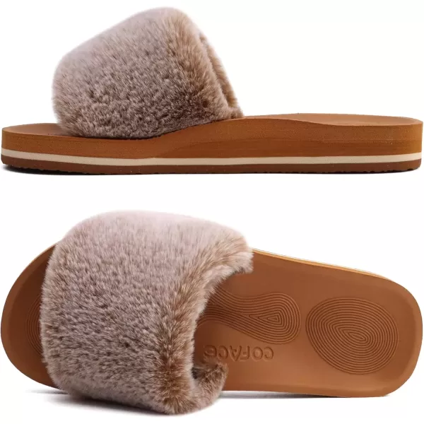 imageCOFACE Womens Sliders Plush House Slippers Flat Sandals For Women Memory Foam Fuzzy Open Toe Slippers With Arch Support Anti Skid Ladies Slip On Fur Slide Slippers House Shoes Mules Indoor OutdoorKhaki