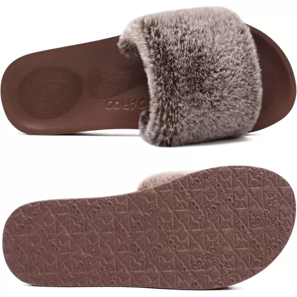 imageCOFACE Womens Sliders Plush House Slippers Flat Sandals For Women Memory Foam Fuzzy Open Toe Slippers With Arch Support Anti Skid Ladies Slip On Fur Slide Slippers House Shoes Mules Indoor OutdoorTiramisu