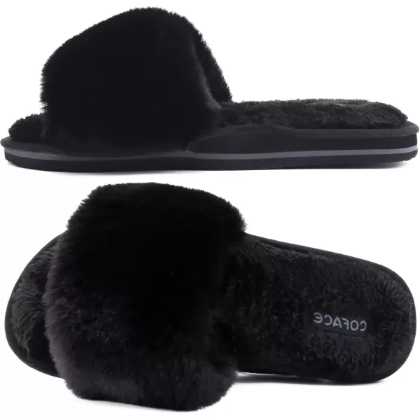 imageCOFACE Womens Sliders Plush House Slippers Flat Sandals For Women Memory Foam Fuzzy Open Toe Slippers With Arch Support Anti Skid Ladies Slip On Fur Slide Slippers House Shoes Mules Indoor OutdoorBlack With Fur