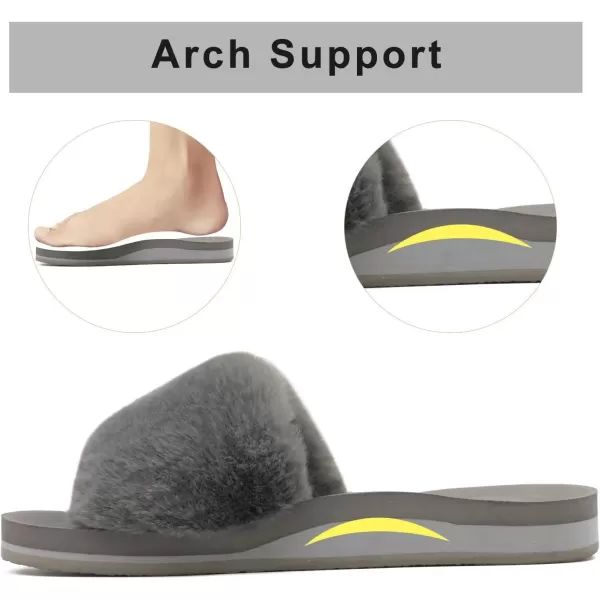 imageCOFACE Womens Sliders Plush House Slippers Flat Sandals For Women Memory Foam Fuzzy Open Toe Slippers With Arch Support Anti Skid Ladies Slip On Fur Slide Slippers House Shoes Mules Indoor OutdoorGrey