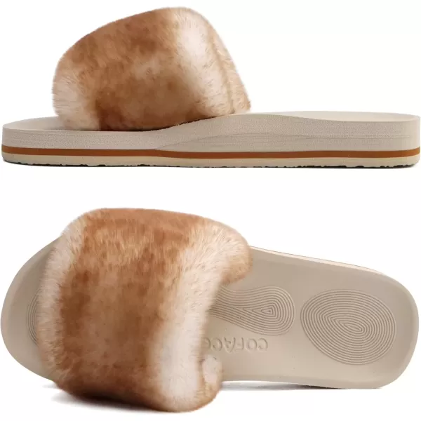 imageCOFACE Womens Sliders Plush House Slippers Flat Sandals For Women Memory Foam Fuzzy Open Toe Slippers With Arch Support Anti Skid Ladies Slip On Fur Slide Slippers House Shoes Mules Indoor OutdoorWhitekhaki