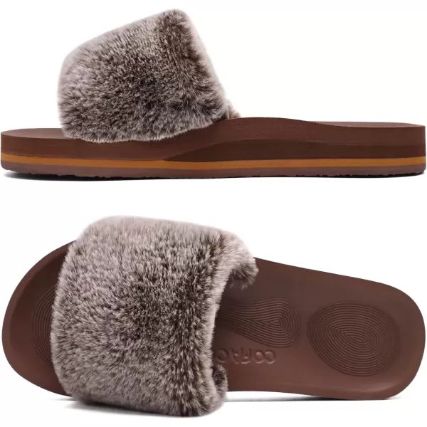 imageCOFACE Womens Sliders Plush House Slippers Flat Sandals For Women Memory Foam Fuzzy Open Toe Slippers With Arch Support Anti Skid Ladies Slip On Fur Slide Slippers House Shoes Mules Indoor OutdoorTiramisu