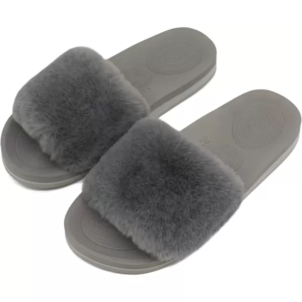 imageCOFACE Womens Sliders Plush House Slippers Flat Sandals For Women Memory Foam Fuzzy Open Toe Slippers With Arch Support Anti Skid Ladies Slip On Fur Slide Slippers House Shoes Mules Indoor OutdoorGrey