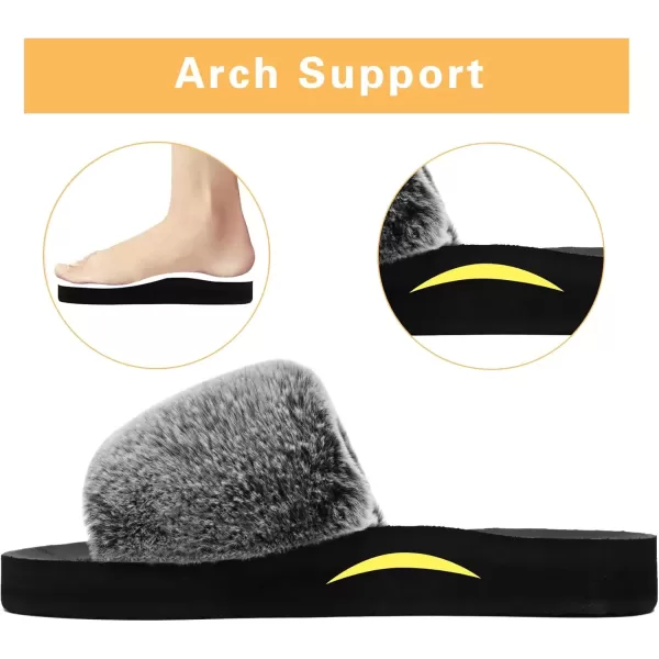 imageCOFACE Womens Sliders Plush House Slippers Flat Sandals For Women Memory Foam Fuzzy Open Toe Slippers With Arch Support Anti Skid Ladies Slip On Fur Slide Slippers House Shoes Mules Indoor OutdoorGreyblack