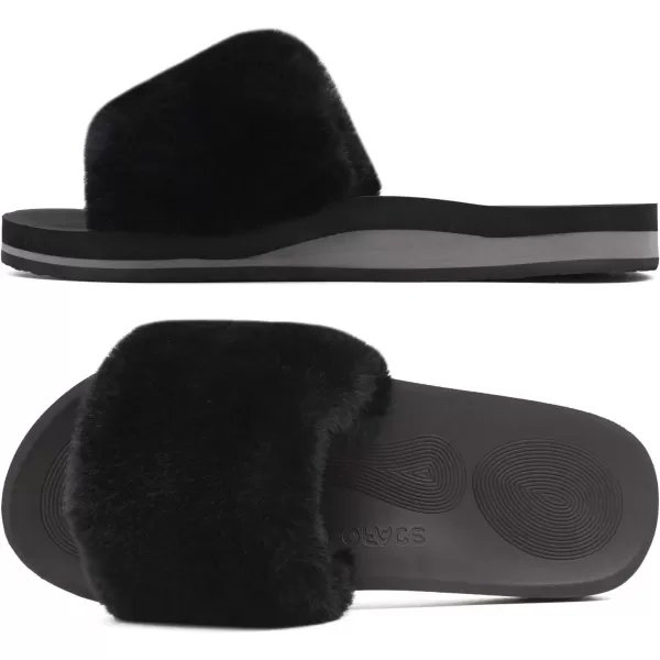 imageCOFACE Womens Sliders Plush House Slippers Flat Sandals For Women Memory Foam Fuzzy Open Toe Slippers With Arch Support Anti Skid Ladies Slip On Fur Slide Slippers House Shoes Mules Indoor OutdoorBlack
