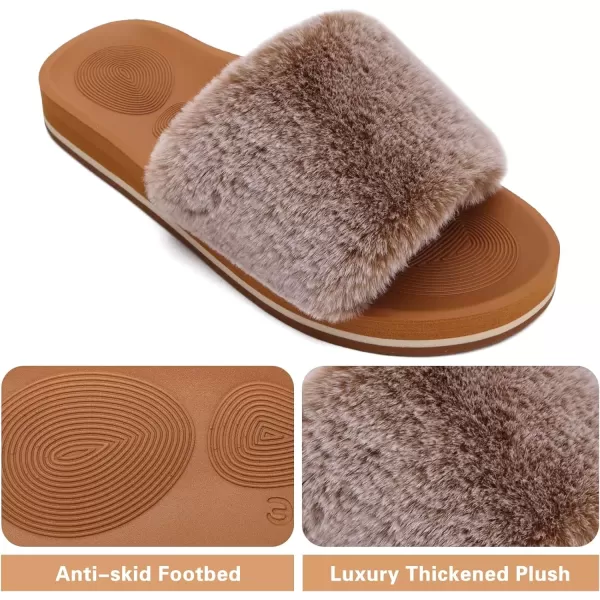imageCOFACE Womens Sliders Plush House Slippers Flat Sandals For Women Memory Foam Fuzzy Open Toe Slippers With Arch Support Anti Skid Ladies Slip On Fur Slide Slippers House Shoes Mules Indoor OutdoorKhaki