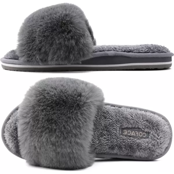 imageCOFACE Womens Sliders Plush House Slippers Flat Sandals For Women Memory Foam Fuzzy Open Toe Slippers With Arch Support Anti Skid Ladies Slip On Fur Slide Slippers House Shoes Mules Indoor OutdoorGrey With Fur