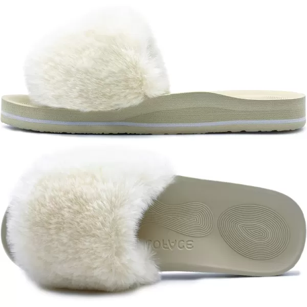 imageCOFACE Womens Sliders Plush House Slippers Flat Sandals For Women Memory Foam Fuzzy Open Toe Slippers With Arch Support Anti Skid Ladies Slip On Fur Slide Slippers House Shoes Mules Indoor OutdoorWhite
