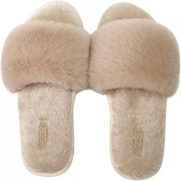 imageCOFACE Womens Sliders Plush House Slippers Flat Sandals For Women Memory Foam Fuzzy Open Toe Slippers With Arch Support Anti Skid Ladies Slip On Fur Slide Slippers House Shoes Mules Indoor OutdoorBeige With Fur