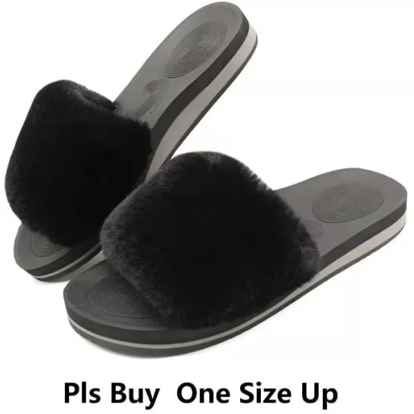 imageCOFACE Womens Sliders Plush House Slippers Flat Sandals For Women Memory Foam Fuzzy Open Toe Slippers With Arch Support Anti Skid Ladies Slip On Fur Slide Slippers House Shoes Mules Indoor OutdoorBlack