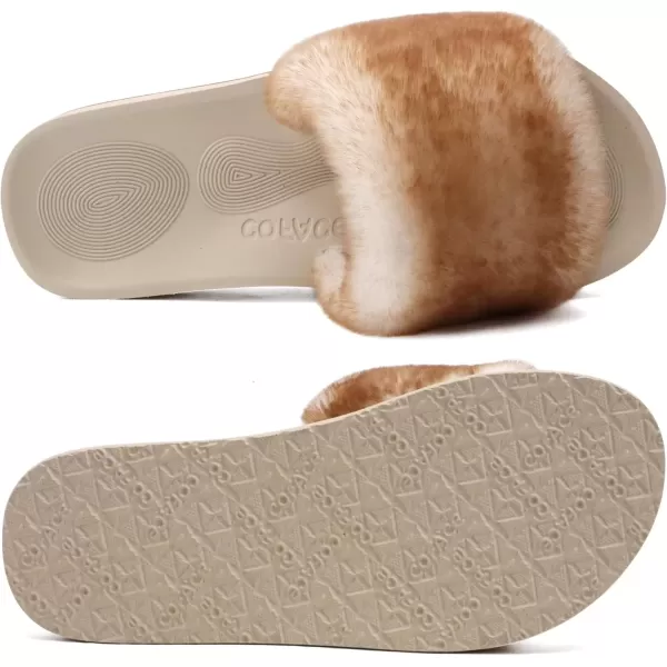 imageCOFACE Womens Sliders Plush House Slippers Flat Sandals For Women Memory Foam Fuzzy Open Toe Slippers With Arch Support Anti Skid Ladies Slip On Fur Slide Slippers House Shoes Mules Indoor OutdoorWhitekhaki