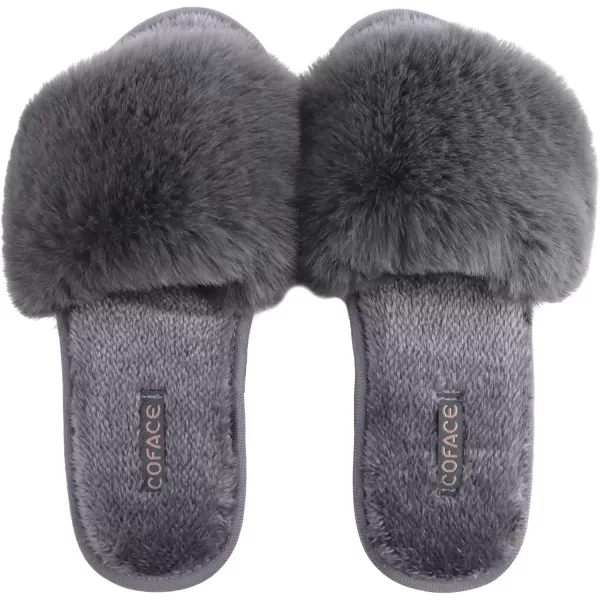 imageCOFACE Womens Sliders Plush House Slippers Flat Sandals For Women Memory Foam Fuzzy Open Toe Slippers With Arch Support Anti Skid Ladies Slip On Fur Slide Slippers House Shoes Mules Indoor OutdoorGrey With Fur