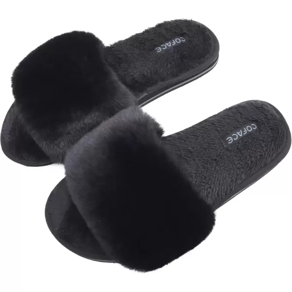 imageCOFACE Womens Sliders Plush House Slippers Flat Sandals For Women Memory Foam Fuzzy Open Toe Slippers With Arch Support Anti Skid Ladies Slip On Fur Slide Slippers House Shoes Mules Indoor OutdoorBlack With Fur