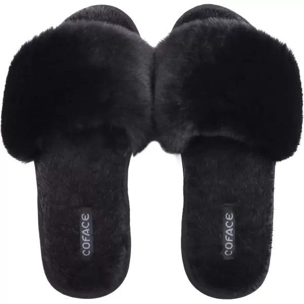 imageCOFACE Womens Sliders Plush House Slippers Flat Sandals For Women Memory Foam Fuzzy Open Toe Slippers With Arch Support Anti Skid Ladies Slip On Fur Slide Slippers House Shoes Mules Indoor OutdoorBlack With Fur