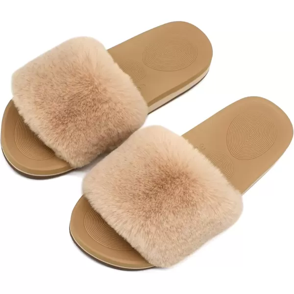 imageCOFACE Womens Sliders Plush House Slippers Flat Sandals For Women Memory Foam Fuzzy Open Toe Slippers With Arch Support Anti Skid Ladies Slip On Fur Slide Slippers House Shoes Mules Indoor OutdoorBeige