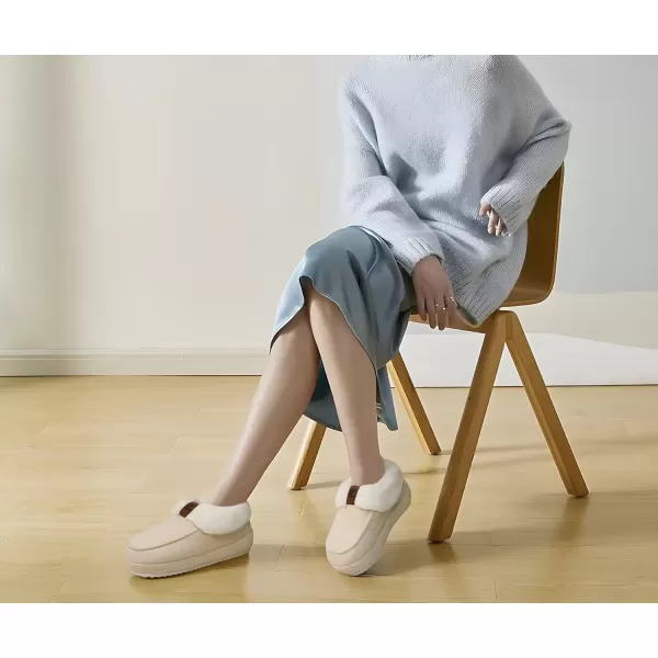 imageCOFACE Womens Warm House Slippers Fuzzy Moccasin Winter Shoes Ladies Platform Thick Cushion Yoga Foam Lightweight Indoor Outdoor Hard Rubber Sole with Arch SupportBeige