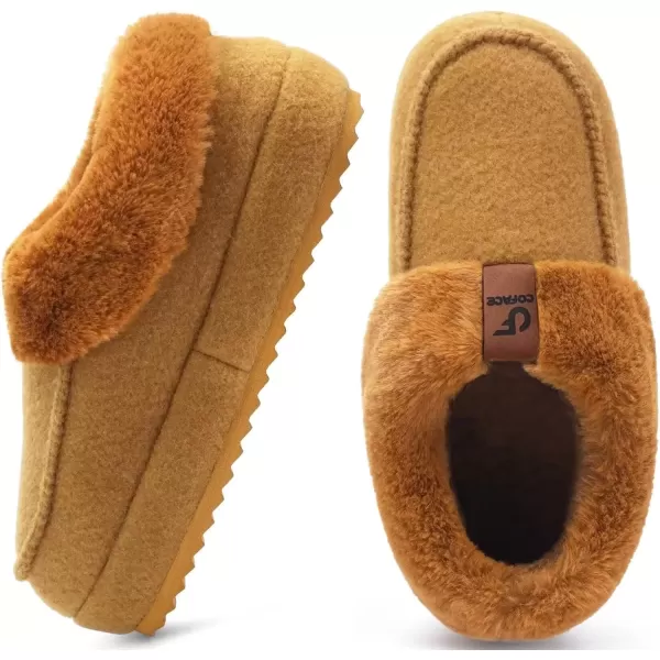 imageCOFACE Womens Warm House Slippers Fuzzy Moccasin Winter Shoes Ladies Platform Thick Cushion Yoga Foam Lightweight Indoor Outdoor Hard Rubber Sole with Arch SupportBrown