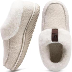 imageCOFACE Womens Arch Support Memory Foam House Slippers Ladies Warm Fuzzy Faux Fur Collar Winter Moccasin Shoes with Orthotic Plantar Fasciitis Indoor Outdoor Hard Rubber Sole Beige Size 9