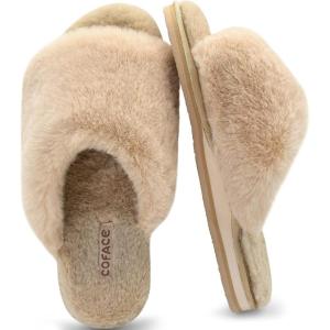 imageCOFACE Womens Fuzzy Slides Fluff Faux Fur House Slippers Open Toe Slip On Soft Memory Foam Slippers with Arch Support Indoor OutdoorClearance