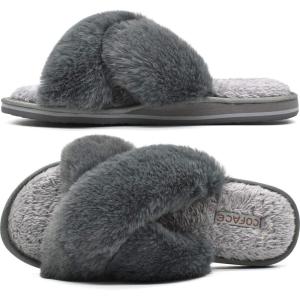 imageCOFACE Womens Fuzzy Slides Fluffy Faux Fur House Slippers Open Toe Slip On Soft Memory Foam Slippers with Arch Support Indoor Outdoor Grey Size 8Clearance