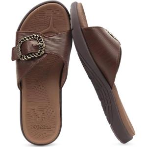 imageCOFACE Womens Dressy Orthotic Slides Lightweight Yoga Mat Thick Cushion Recovery Walking Sandals Adjustable Slip On Slippers with Comfortable Plantar Fasciitis Arch SupportBrown
