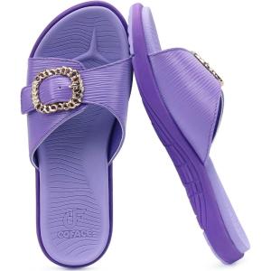 imageCOFACE Womens Dressy Orthotic Slides Lightweight Yoga Mat Thick Cushion Recovery Walking Sandals Adjustable Slip On Slippers with Comfortable Plantar Fasciitis Arch SupportPurple